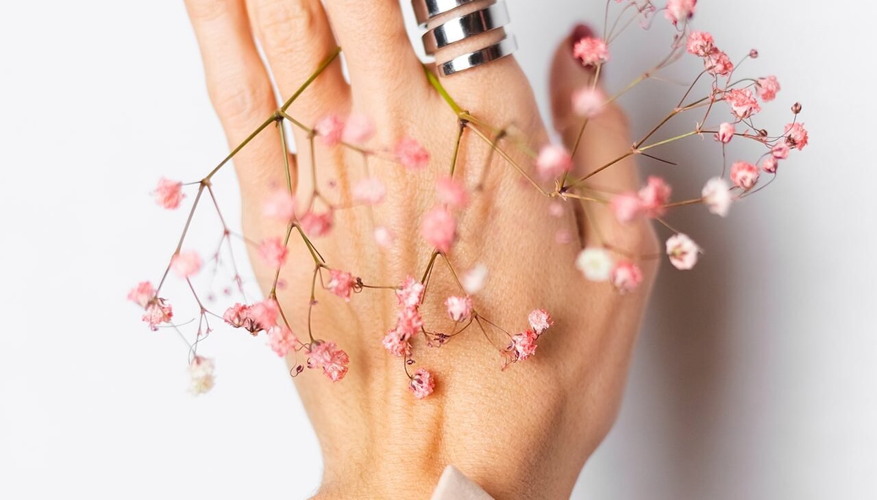 soft-gentle-photo-woman-hand-with-big-ring-red-manicure-hold-cute-little-pink-dried-flowers-white soft-gentle-photo-woman-hand-with-big-ring-red-manicure-hold-cute-little-pink-dried-flowers-white